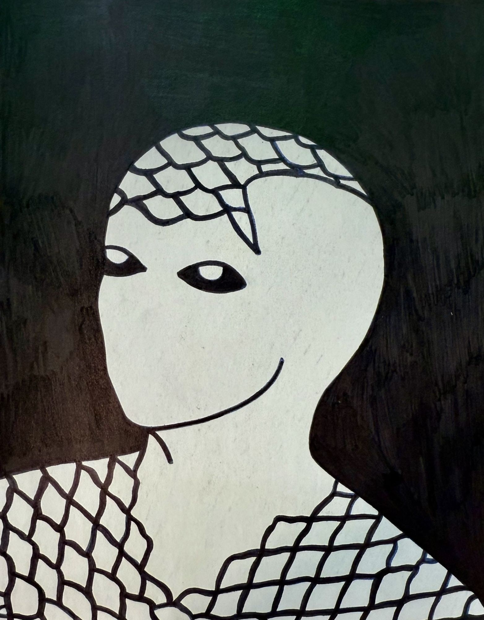Belkis Ayon Abstract Figure with Scaled Head and: This artwork presents an abstract figure rendered in a stark black and white palette attributed at Belkis Ayon. The central subject features a stylized head and torso, outlined in black against a whit