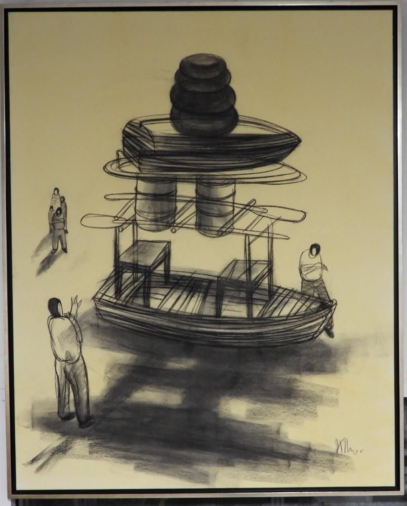 Kcho (Alexis Leyva Machado) Mixed Media on Canvas: This compelling mixed media on canvas by the renowned Cuban artist Kcho (Alexis Leyva Machado) is titled "Sin Titulo" (Untitled) and dated 2001. The artwork features a striking composition depicting a