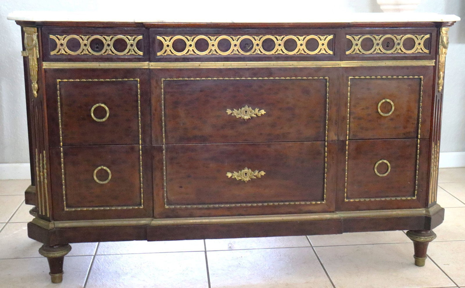 Antique Empire Style Marble Top Commode with Ormo - 3