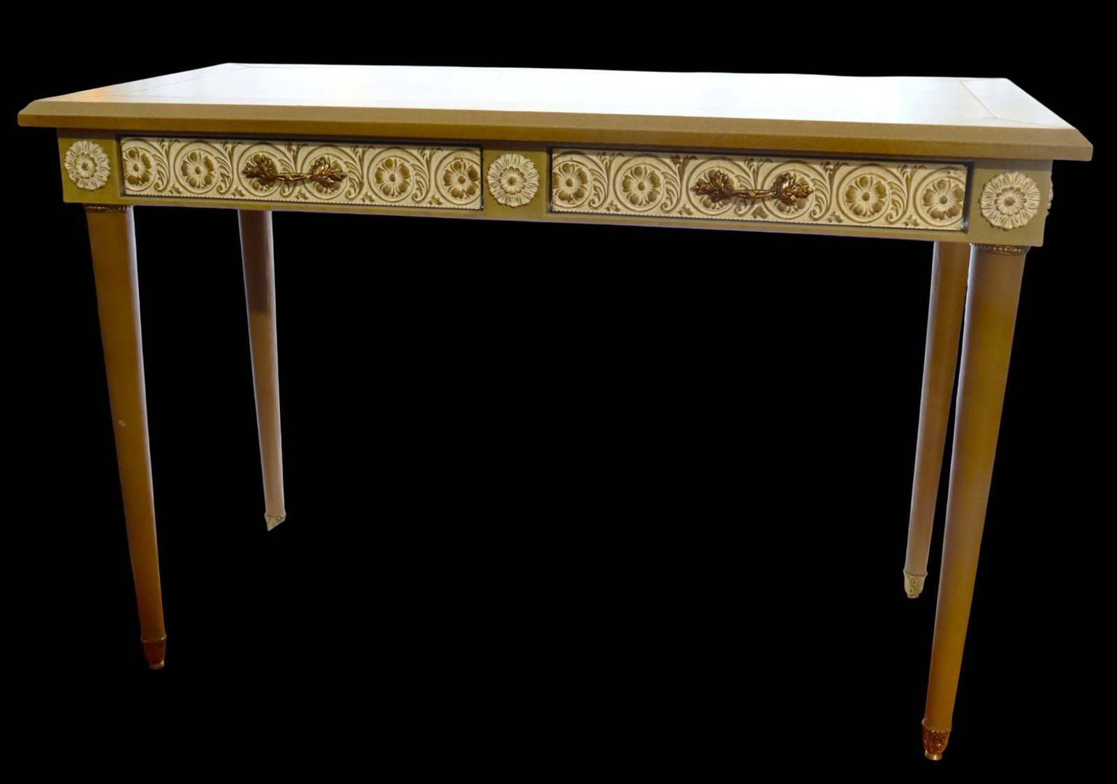 Neoclassical Style Desk with Giltwood Detailing &: This elegant desk is crafted in a Neoclassical style, featuring a rectangular top and four tapered legs. The front apron is adorned with intricate giltwood detailing, presenting a continuous pattern