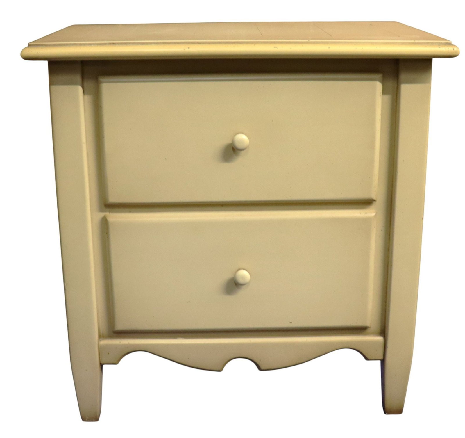 Contemporary Cream Painted Wood 2-Drawer Nightsta: This contemporary nightstand features a cream-painted finish, offering a versatile aesthetic suitable for various bedroom or living room décors. The piece is designed with two functional drawers,