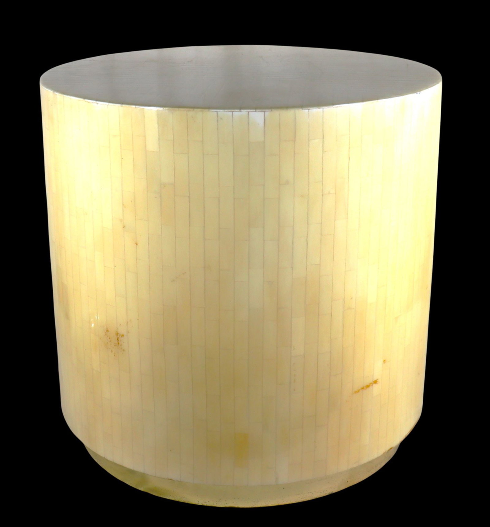 Vintage Cylindrical Pedestal Side Table: This exquisite cylindrical pedestal side table features a meticulously crafted bone inlay style exterior. The entire surface, including the top and sides, is adorned with individually cut bone style