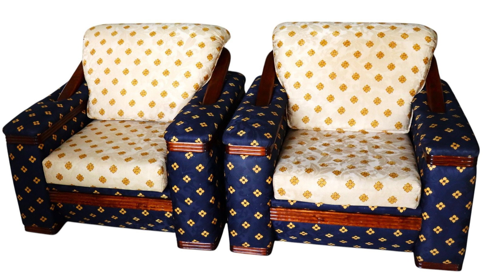 Pair of Vintage Blue & Gold Patterned Upholstered: This offering includes a pair of vintage armchairs, each featuring a distinctive upholstery pattern. The main body of the chairs is covered in a deep blue fabric adorned with a repeating gold