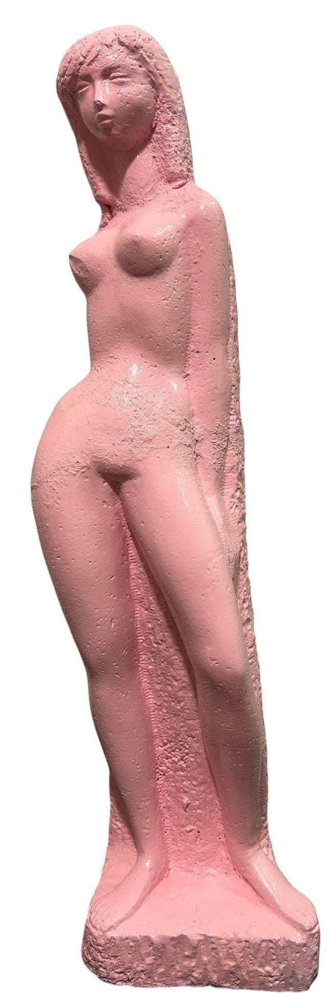 Chuck Dodson, Modernist Pink Nude Female Form Scu: This modernist sculpture depicts a stylized female nude figure in a vibrant pink hue. The artwork features a textured surface on the back and sides, contrasting with the smoother finish of the figure'