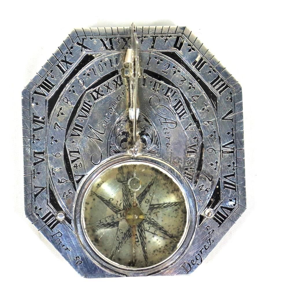 Marcquart Paris Cased Silver Octagonal Sundial &: An exquisite 18th-century octagonal pocket sundial and compass by the noted Parisian scientific instrument maker, Marcquart. Crafted from silver or silvered brass, the piece features intricate, high-q