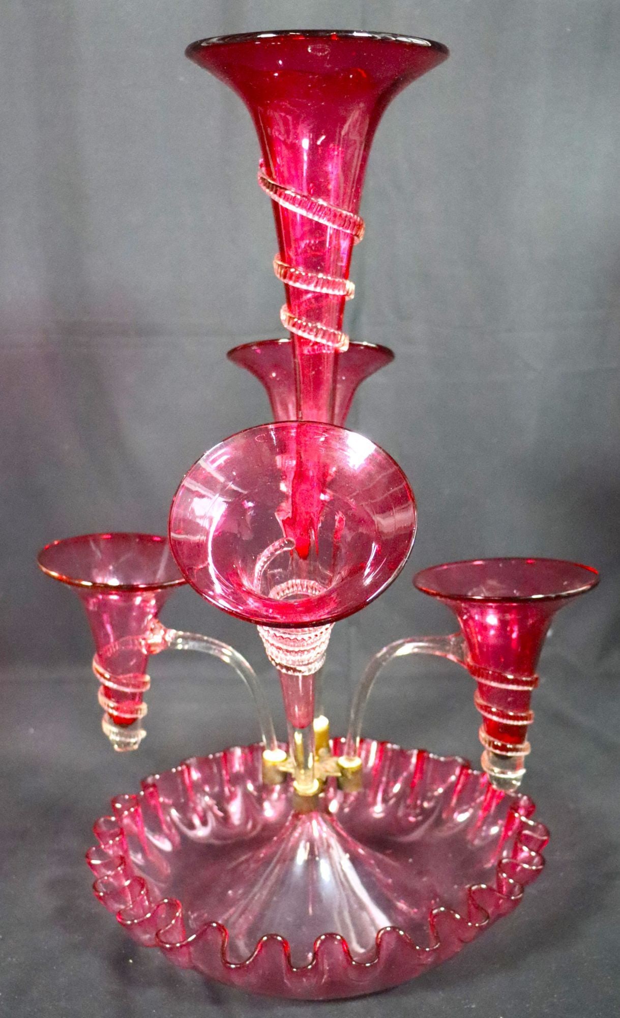 Victorian Cranberry Art Glass Epergne with Ruffle (1 of 8)