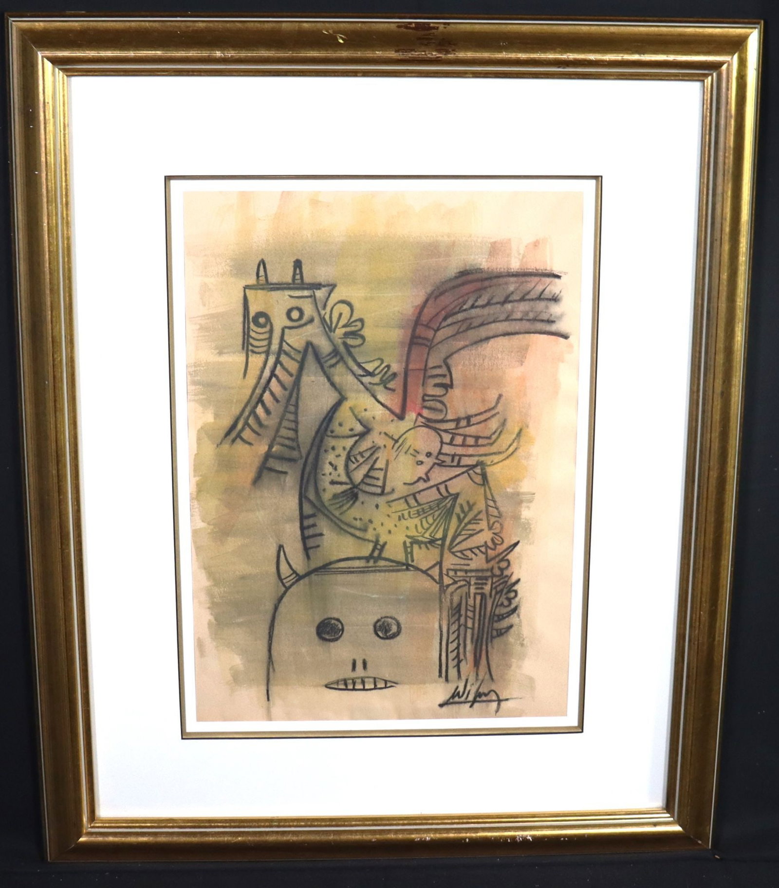 Wifredo Lam Signed Mid-Century Abstract Mixed Med: This mid-century abstract mixed media painting on paper features a dynamic composition of stylized, primitive forms rendered in black lines over a wash of earthy tones. The artwork displays a central 