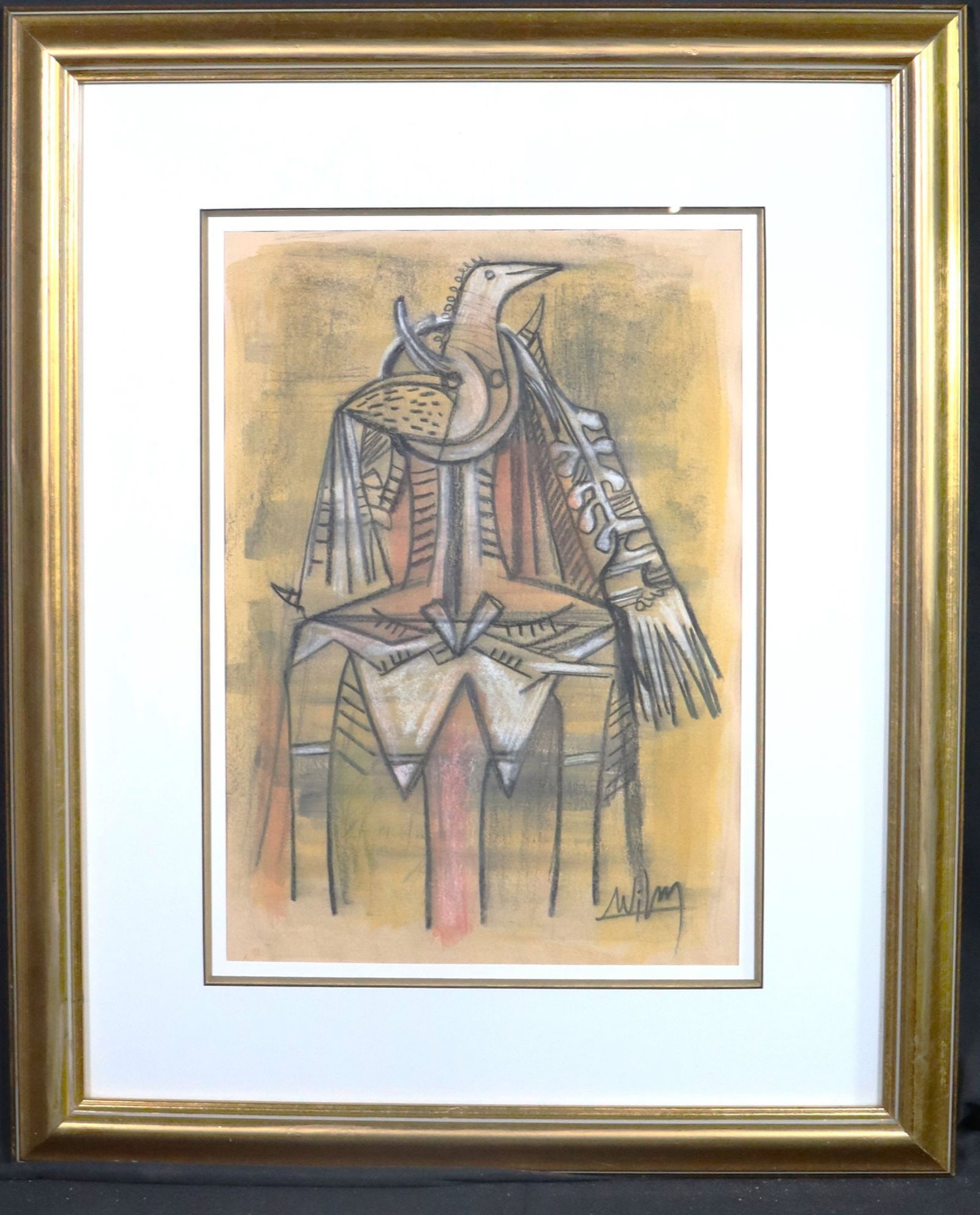 Wifredo Lam Signed Mixed Media Abstract Bird Figu: This captivating mixed media drawing by Wifredo Lam features an abstract bird figure rendered in a distinctive style. The artwork showcases a dynamic interplay of lines, shapes, and muted colors, char