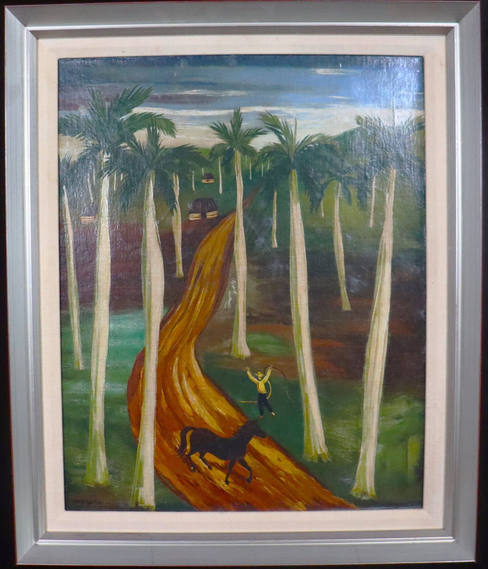 Mario Carreño Landscape "Paisaje" Oil on Canvas P: This exquisite oil on canvas painting, titled "Paisaje" (Landscape), is a work by the renowned Cuban artist Mario Carreño. The painting depicts a vibrant tropical scene featuring tall palm trees flan