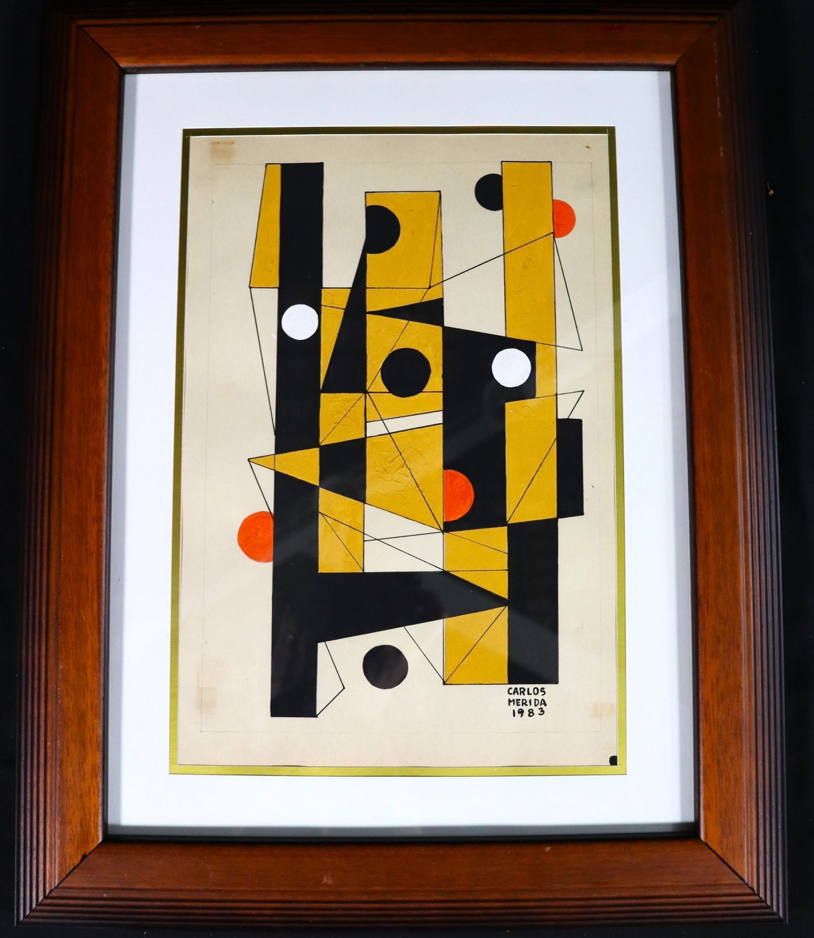 Carlos Mérida Abstract Geometric Mixed media on p: This framed abstract geometric mixed media on paper signed Carlos Mérida, dated 1983. The composition features a dynamic interplay of black and yellow geometric shapes, accented by contrasting white 
