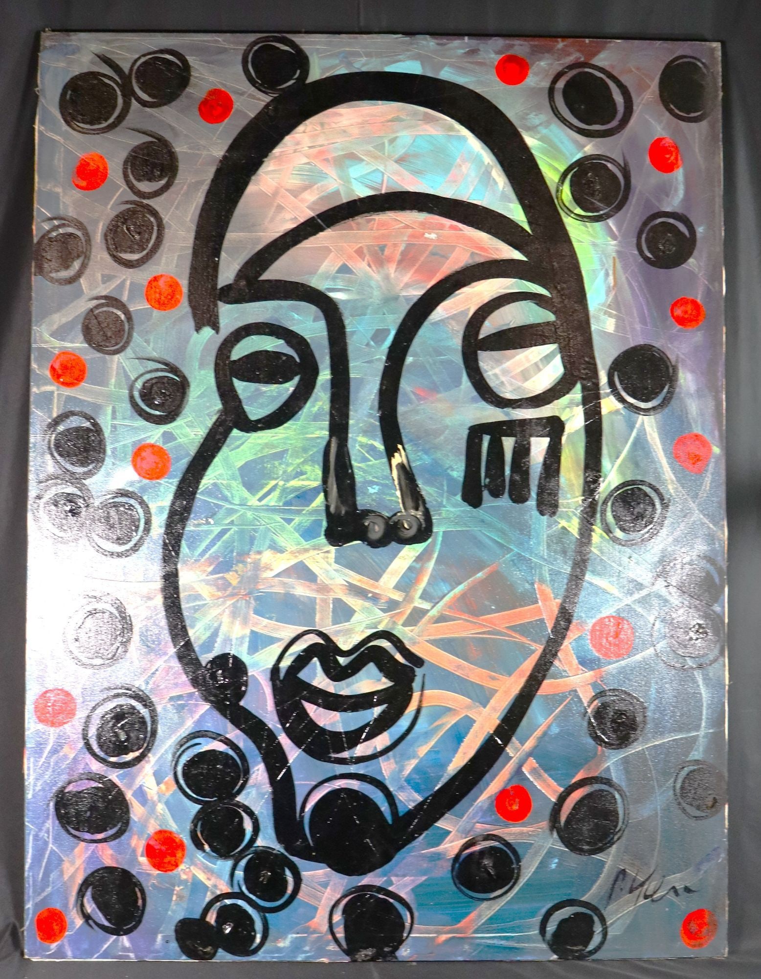 Peter Keil Abstract Portrait Mixed-Media Painting: Expressive original abstract portrait painting on stretched canvas signed Peter Keil. The composition presents a boldly outlined face surrounded by black circular motifs and vivid red dots over a laye