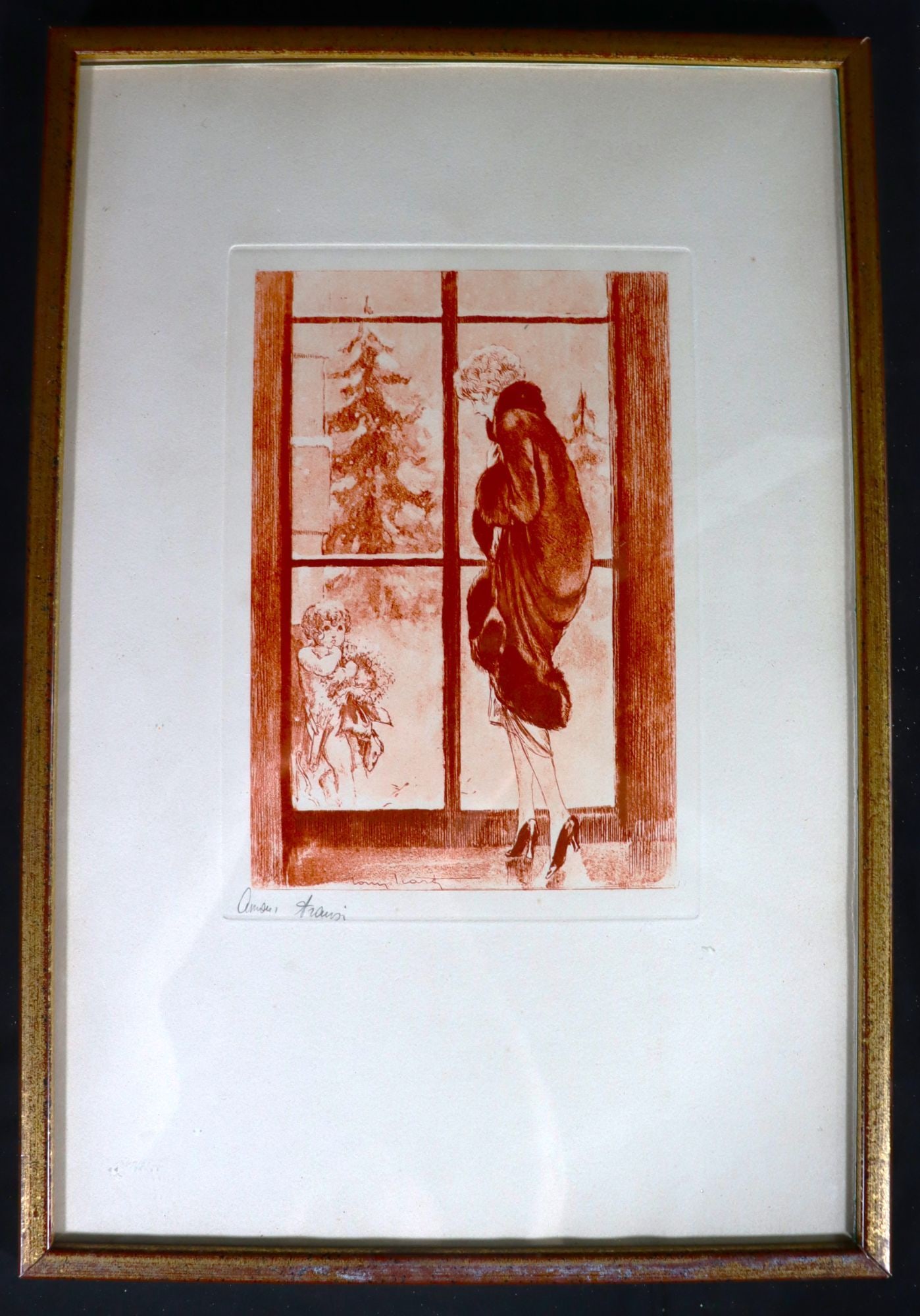 Louis ICART composition in sanguine ink on paper: This exquisite Lithograph by Louis ICART, titled "Amour Transi," depicts an elegantly dressed woman in a fur-trimmed coat gazing out a window at a snowy landscape, where a cherubic figure, presumably 