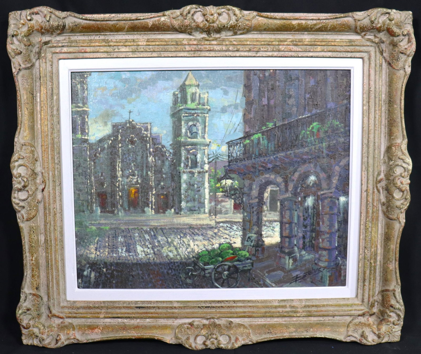 ESTEVEZ Signed Oil Painting, Cityscape with Churc: This vintage oil painting on canvas depicts a vibrant cityscape scene, possibly in a European or Latin American setting, characterized by a prominent church with a bell tower and an arched building. I