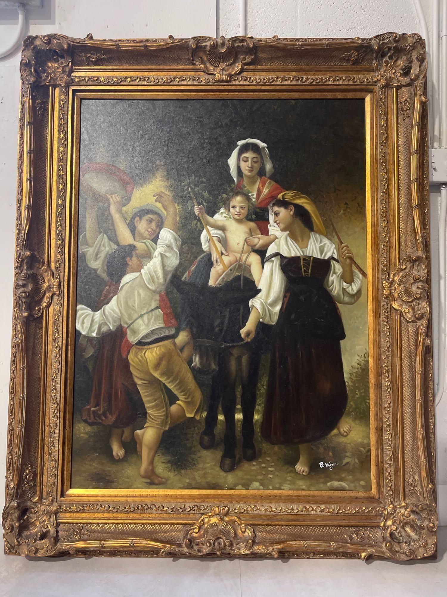 William-Adolphe Bouguereau Oil on canvas Painting: This captivating oil painting, signed "B. Wayne," depicts a lively scene often referred to as "The Return From The Festival." The composition features a central figure of a child riding a donkey,