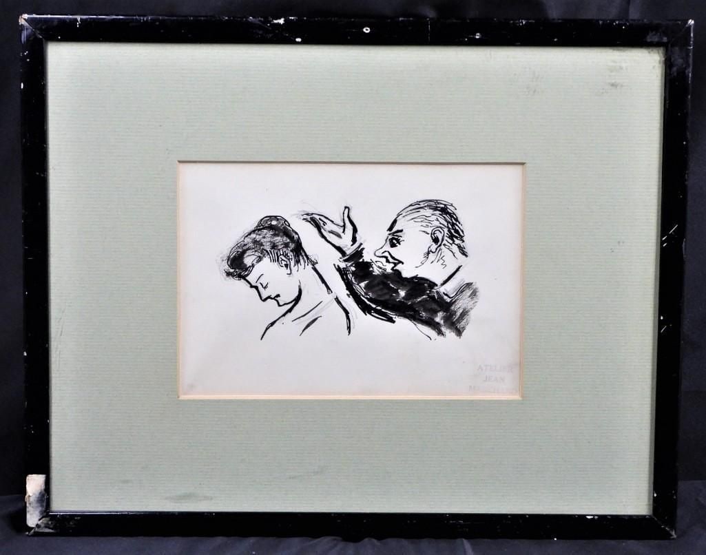Atelier Jean Marchand Figural Ink Drawing, Framed: Framed monochrome figural work depicting a bowed young woman beside an animated older male figure, rendered in expressive black ink or brushwork on light-toned paper. The lower-right corner bears the 