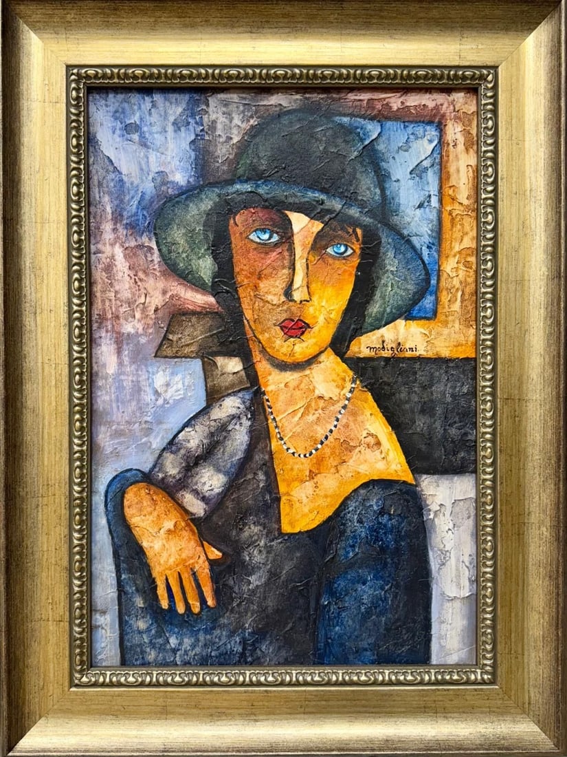 Modigliani Style Portrait Painting, Mixed Media o: This captivating mixed media painting on canvas features a portrait of a woman in the distinctive style reminiscent of Amedeo Modigliani. The artwork showcases a figure with a long face, almond-shaped