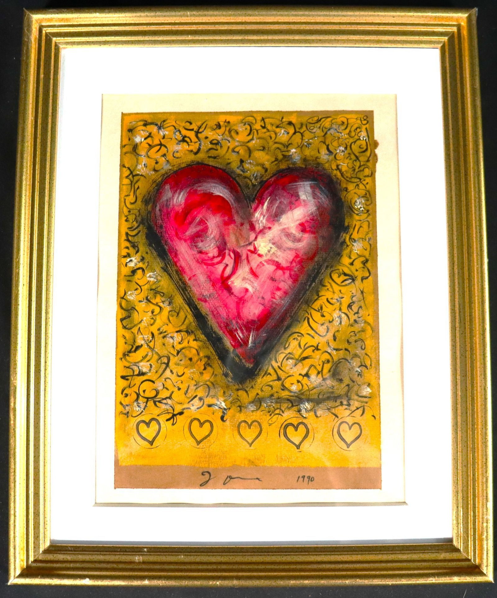 JIM DINE 1990 Signed Heart Abstract Art Painting: This vibrant abstract artwork, dated 1990, features a prominent central heart motif rendered in shades of red and pink with black outlines, set against a rich yellow background adorned with intricate 