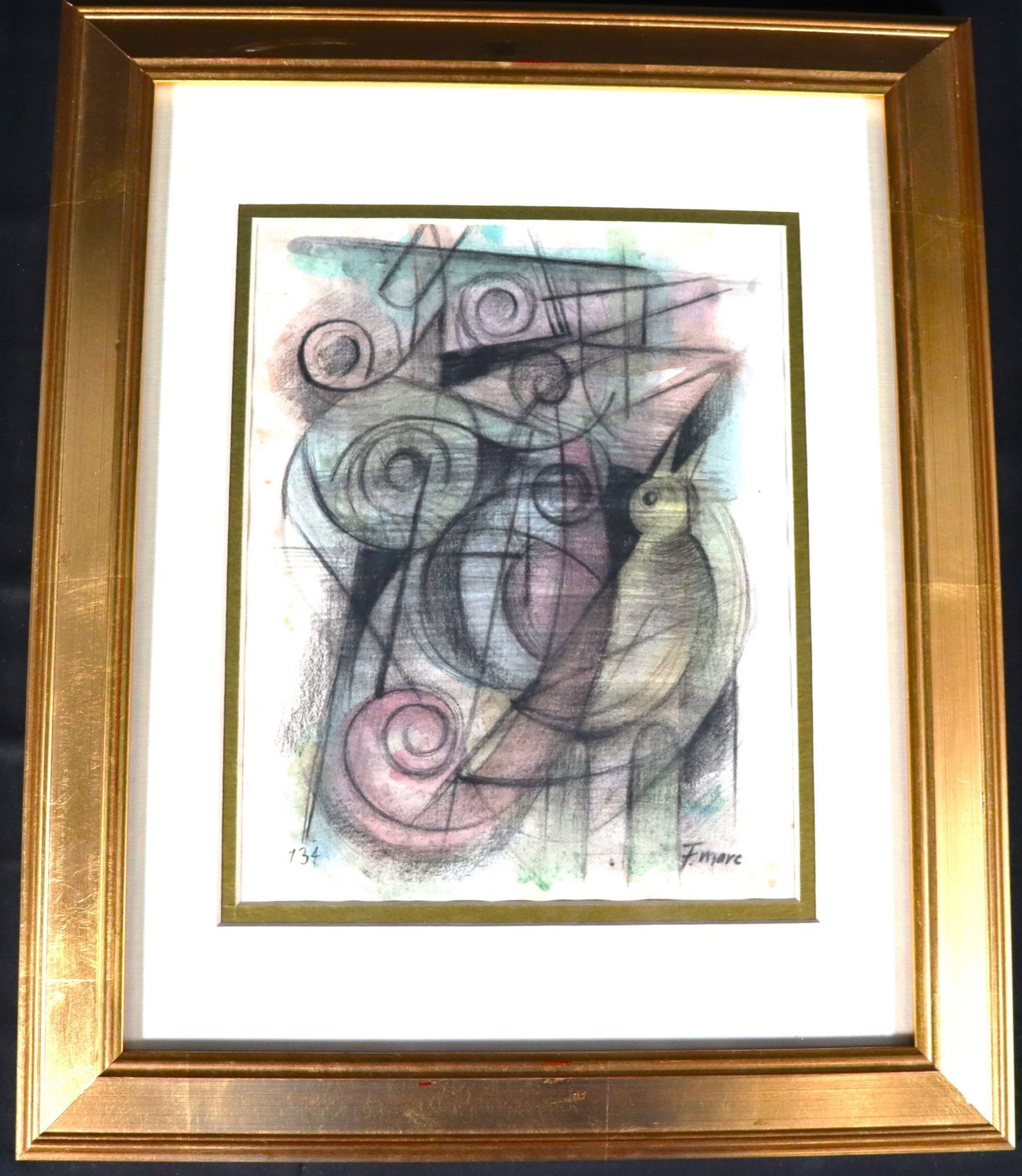 Franz Marc Style Abstract Drawing with Bird Motif: This framed artwork features an abstract composition with a bird motif, executed in a mixed media technique combining charcoal or graphite with watercolor washes. The piece is characterized by swirlin