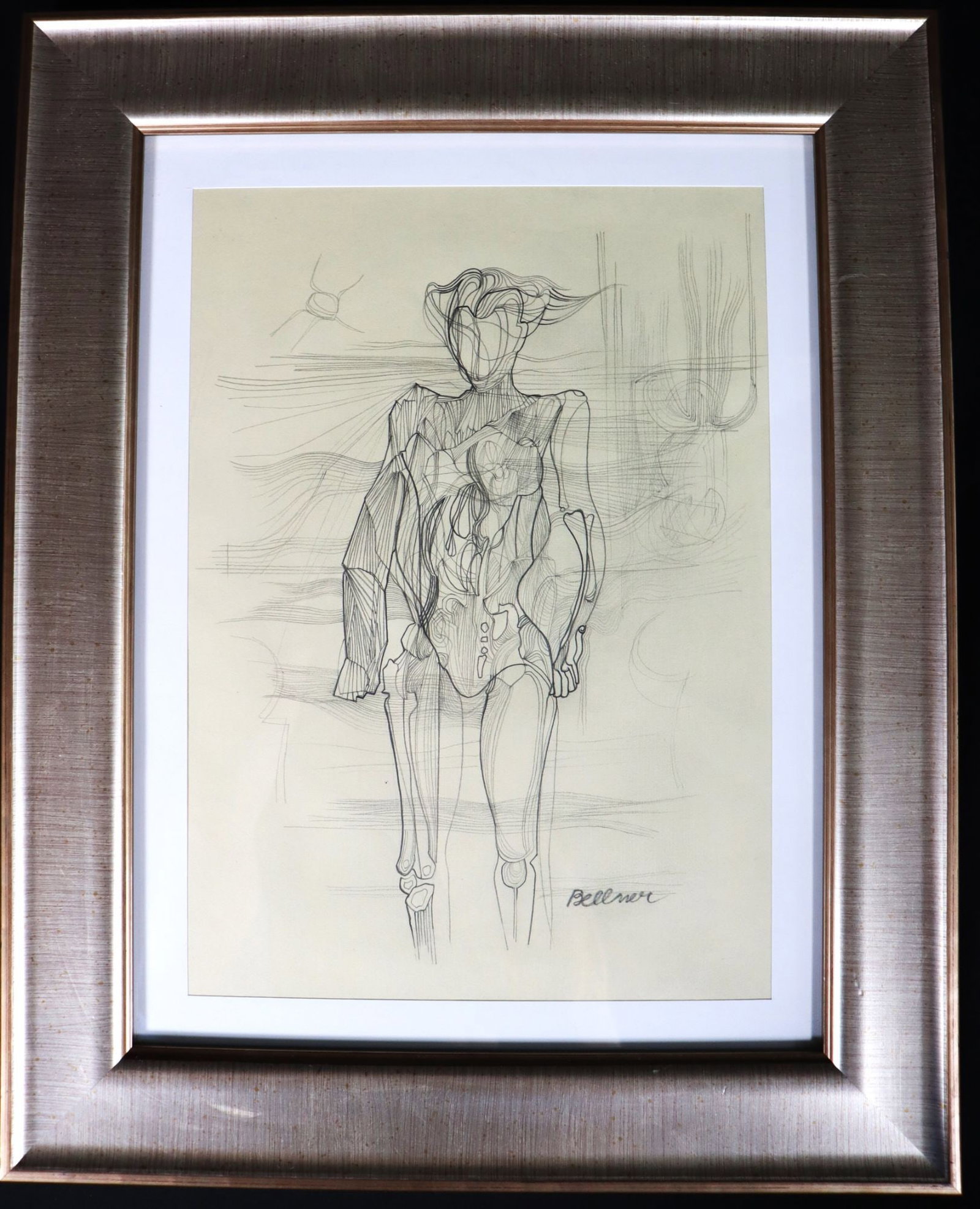 Hans Bellmer Surrealist Figure Pencil Drawing Fra: This framed pencil drawing, signed 'Bellmer', presents a surrealist figure rendered with intricate detail. The artwork features an anatomical study combined with abstract elements, characteristic of s