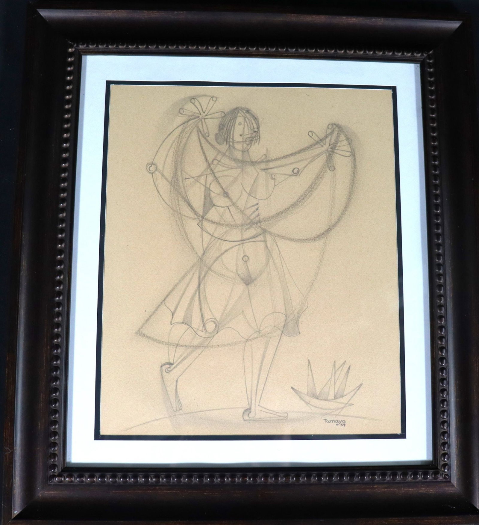 Rufino Tamayo Signed Pencil Drawing on Paper, Dat: This is a pencil drawing on paper, signed "Tamayo" and dated "59" by the artist. The artwork depicts a figure rendered in a distinctive geometric and abstract style, characteristic of Rufino Tamayo's 