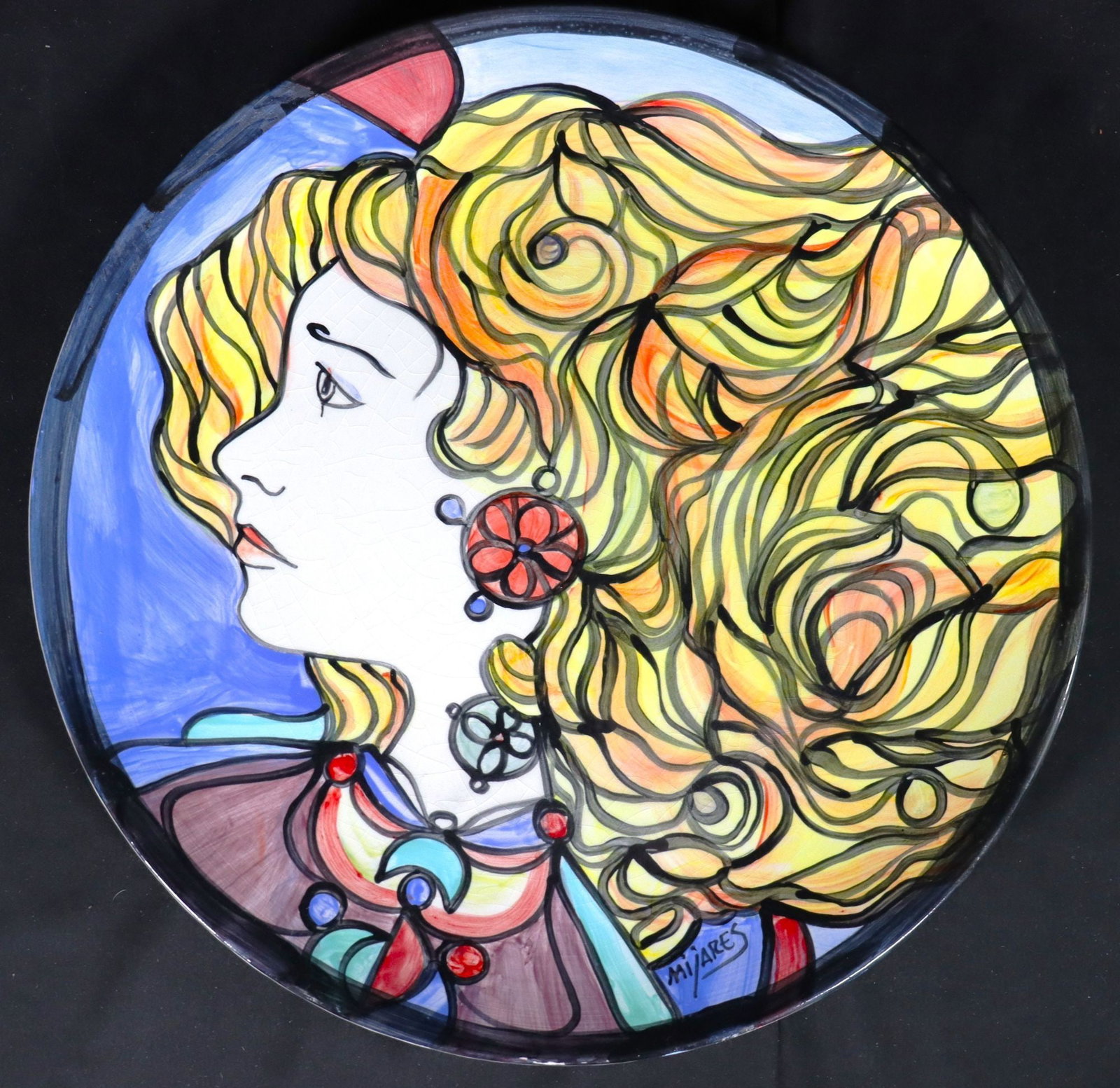 Mijares Signed Hand-Painted Ceramic Decorative Wa: This is a vibrant hand-painted ceramic decorative wall plate, prominently signed "MIJARES" on the front. The plate features a striking profile portrait of a woman with flowing, voluminous blonde hair 