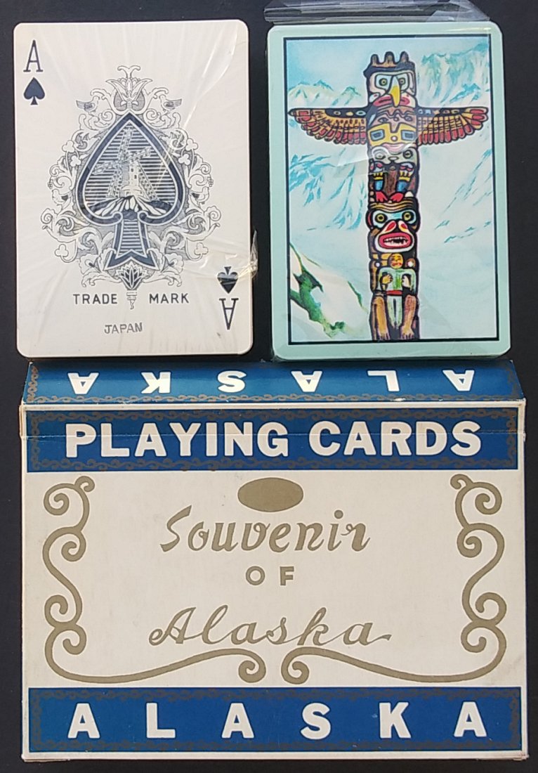SOUVENIR OF ALASKA PLAYING CARDS: Double deck Alaska Souvenir playing cards original box decks are still sealed Cellophane is a bit torn. Beautiful rare decks.