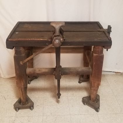 19th Century Work bench original vice: 19th century work bench with original vice and old color 24" x 40" x 33" high