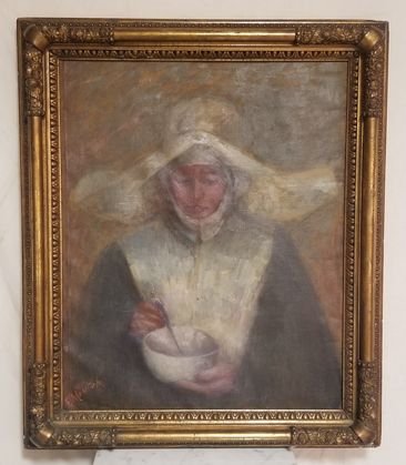 Mid-century oil on canvas of Nun period Gallery frame: Mid-century oil on canvas of Nun in period Gallery frame. Signed E. Minturn 21 and 1/2 in by 27 in