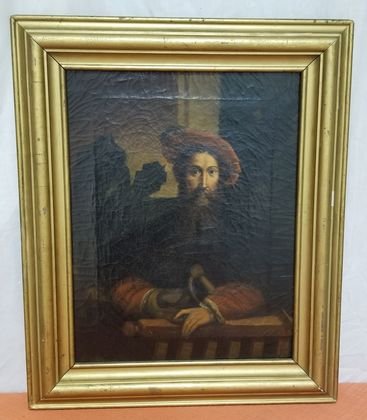 Old Master oil on canvas man with plumed hat: Man with plumed hat, anchor, holding a sword at balcony. Unsigned 13 and 1/2 inch by 17 and 1/2 in.