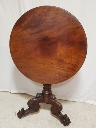1840 game table acanthus carved Tri legged base: Circa 1840 game table with a campus carve Tri legged base,. Finish, original Hardware 30in by 30in
