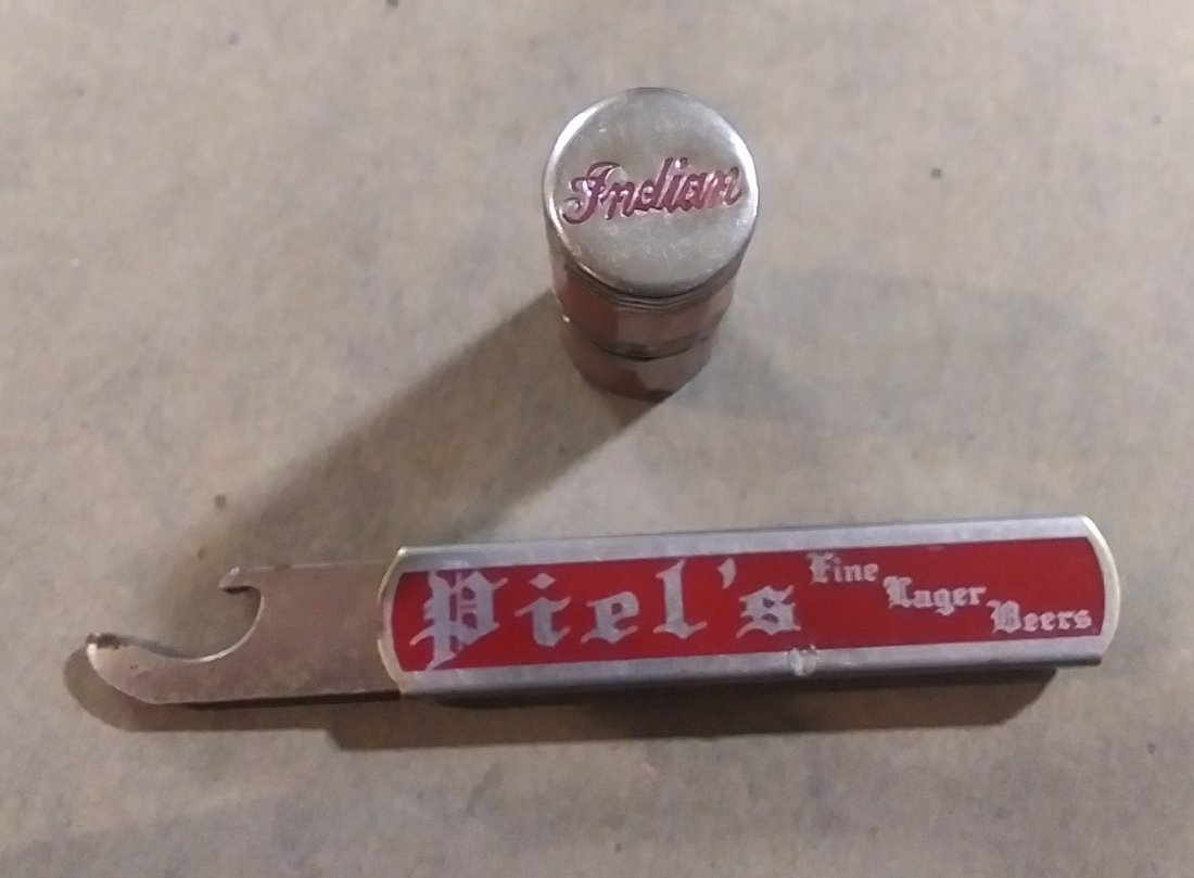 Piel's bottle opener / Indian Lighter: Nice Piel's bottle opener and Indian Motorcycle table lighter