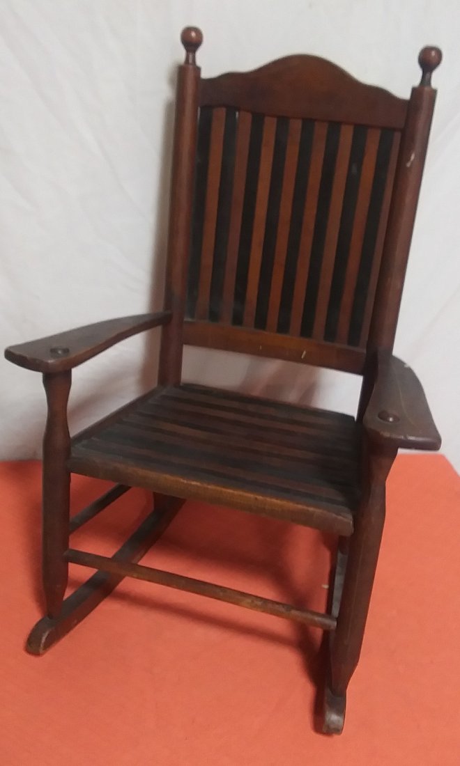 Circa 1878 Small Child's Rocker: Multi wood, original finish