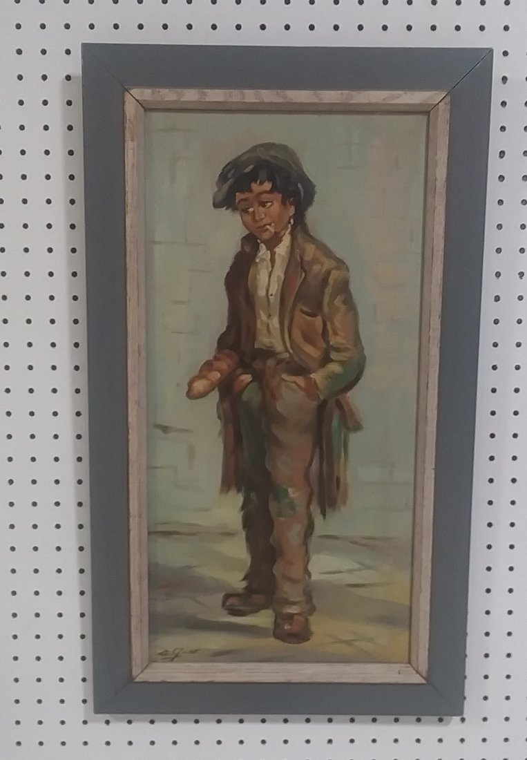 Oil on canvas Boy holding loaf of bread: Oil on canvas holding a loaf of bread wearing a cap