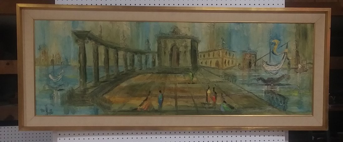 Mid Century Van Hoople European City Oil on Panel: Buildings on canal, with people in a gallery frame.