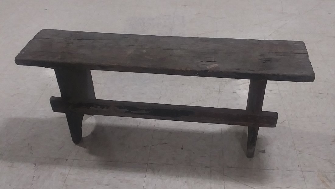 Wooden Milk bench in original black paint: Wooden Milk bench in original paint. Rounded boot jack sides