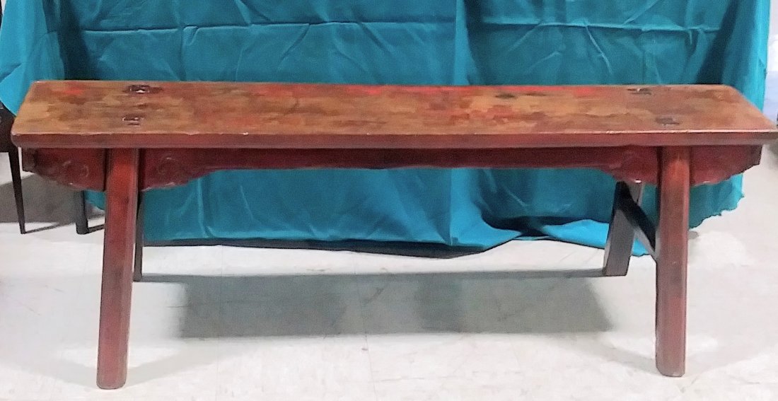 Oriental style red painted wooden bench splayed legs (1 of 4)