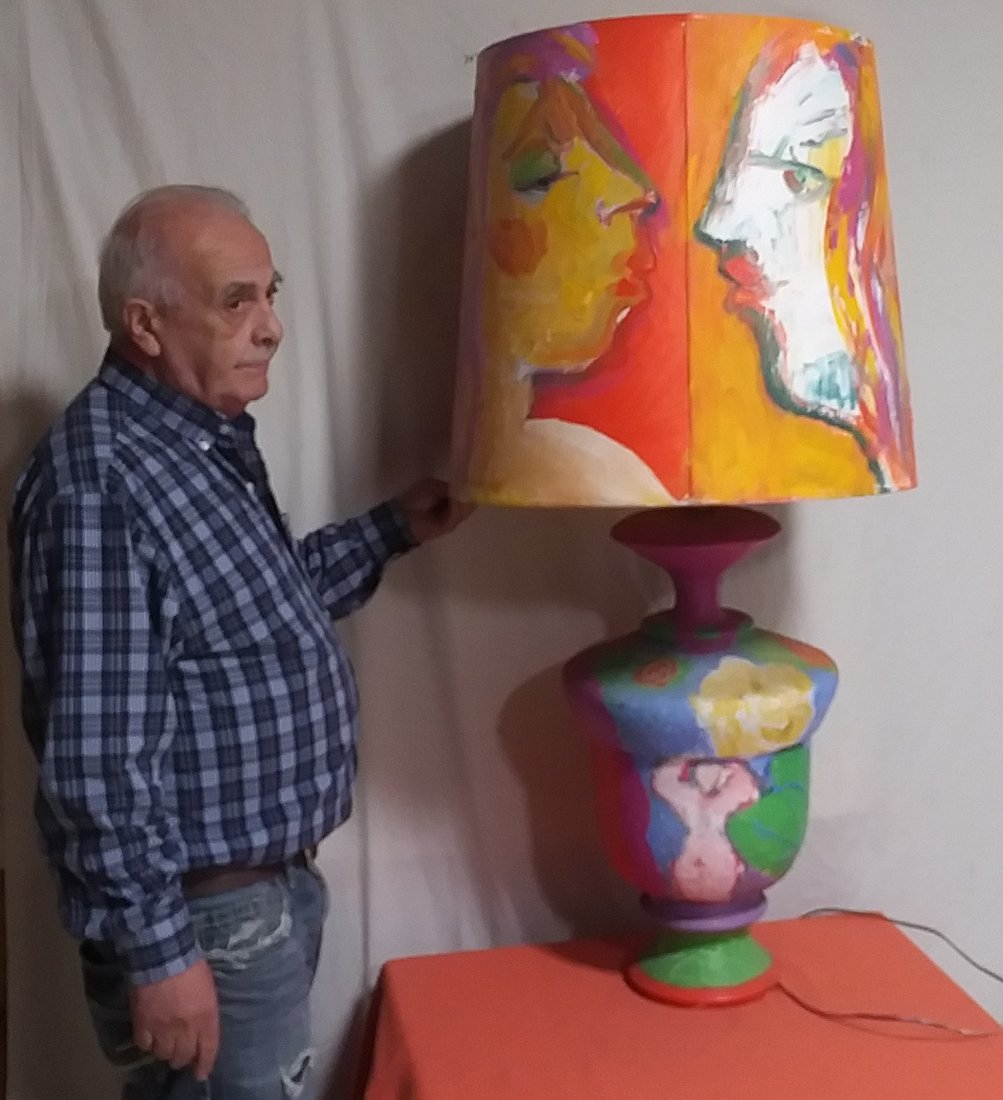 Designer Table Lamp painted base and Shade John Grillo: John Grillo signed original artwork painted base and Shade table lamp