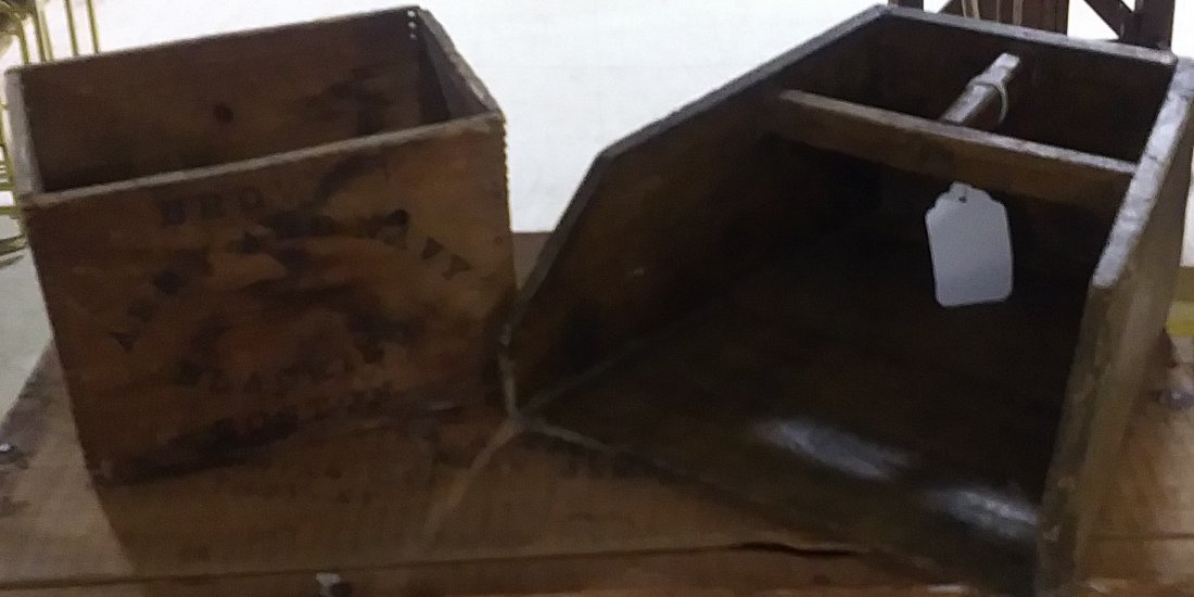 Wooden scoop and Army Navy Box: Wooden scoop and Army Navy Box