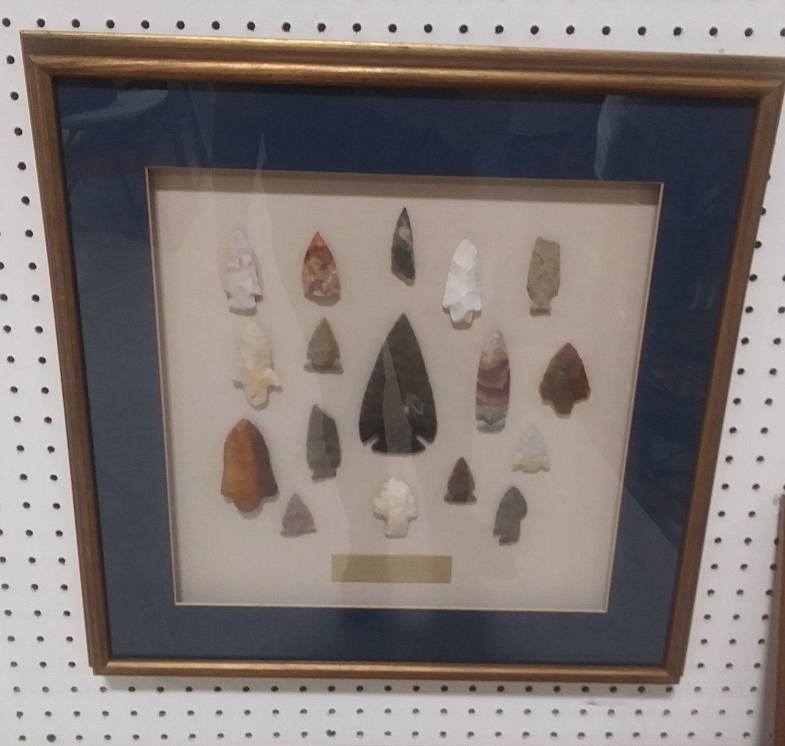 Arrow and Spear heads American Indian: Arrow and Spear heads framed. 20 1/4" x 20 1/4"