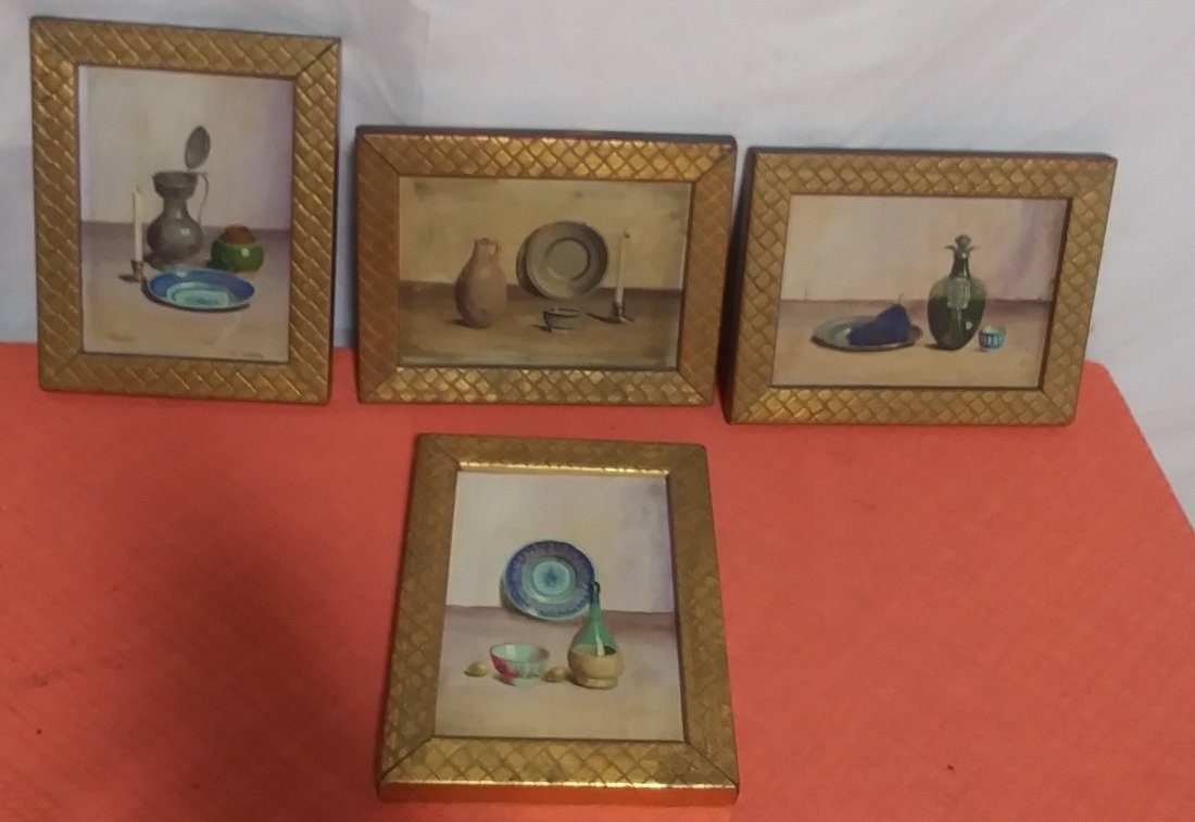 Set of 4 oil on masonite still lifes: Signed V. Weley. Measure 7" x 5"