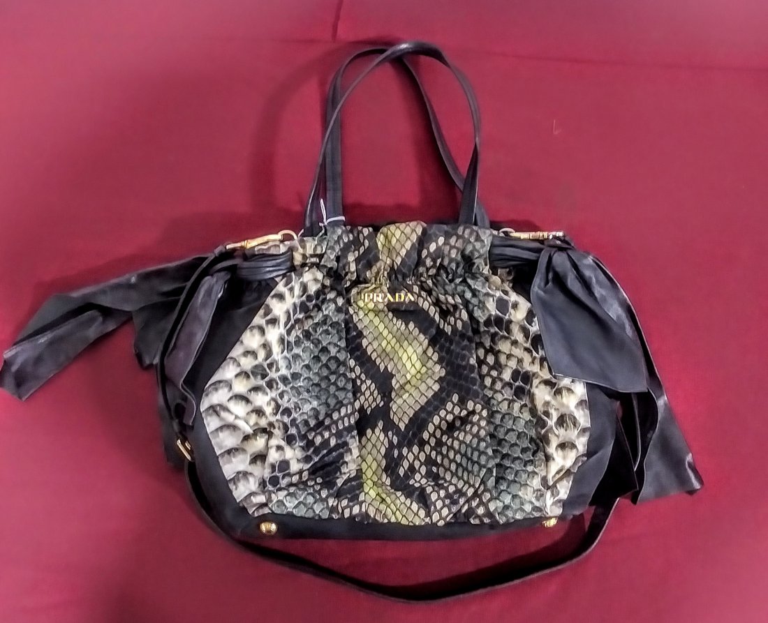 Prada snakeskin pattern double tie handbag: Prada snakeskin pattern double tie handbag