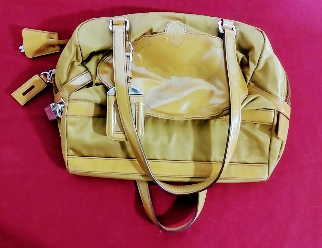 Prada pocketbook gold/brown leather and vinyl with lock: Prada pocketbook gold/brown leather and vinyl with lock