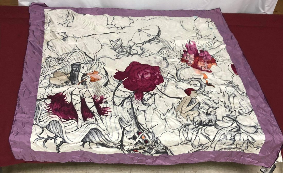 Prada scarf purple with tags images of women: Prada scarf purple with tags with images of women