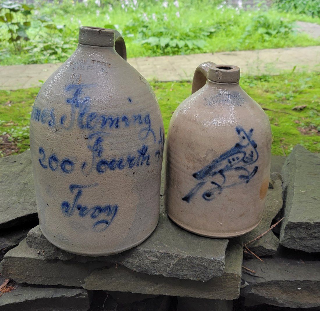 2 West Troy NY Pottery Handled Jugs with Blue designs (1 of 6)