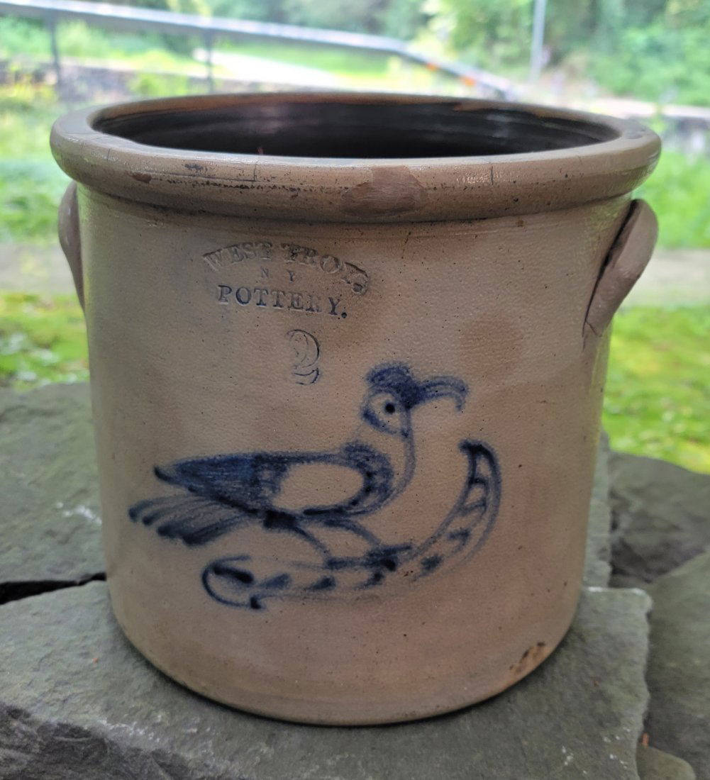 West Troy NY Pottery Crock with Blue Bird design (1 of 4)
