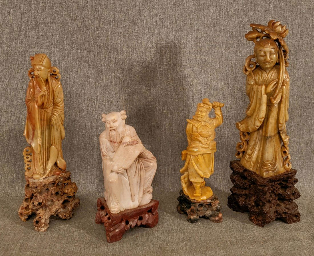4 Intricately carved Soapstone Oriental figures on base (1 of 7)