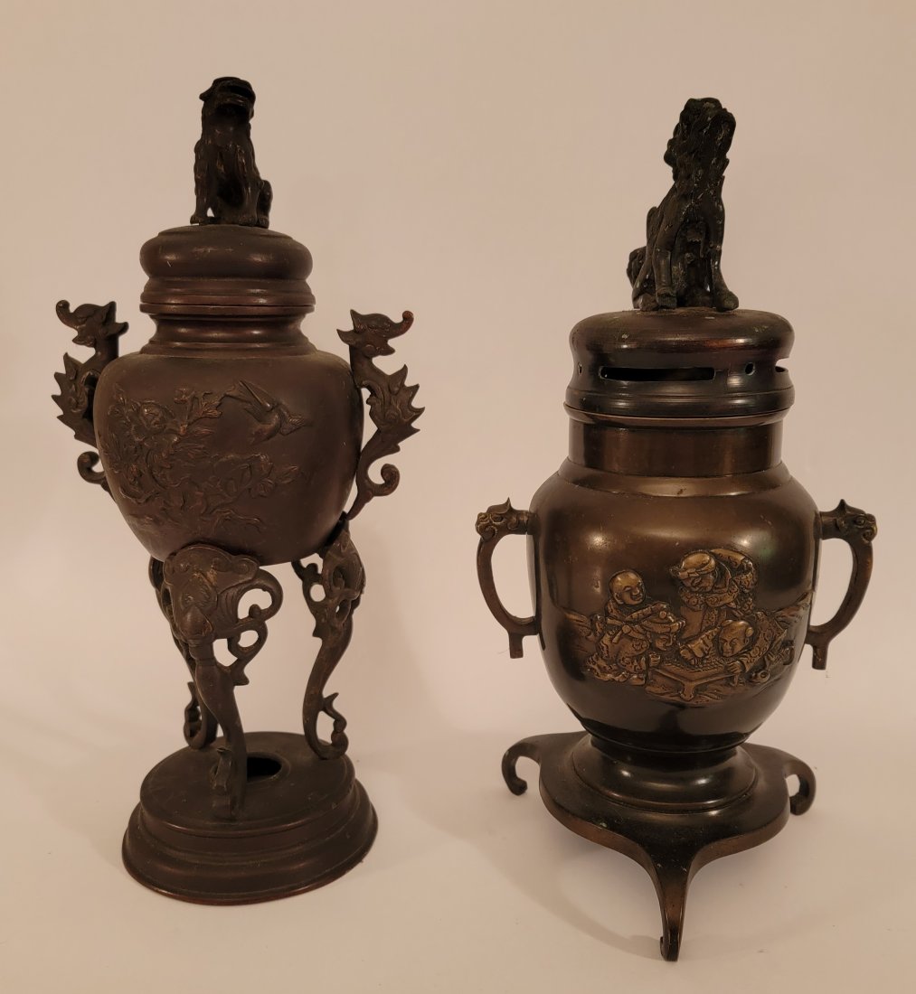 2 Bronze Oriental Urns both adopted with Foo dogs (1 of 8)