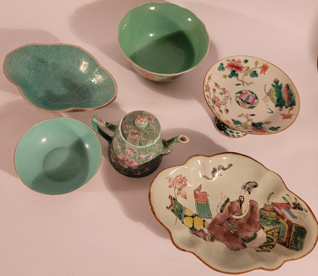 6 pc lot of Oriental Pottery pieces bowls, pedestal (1 of 11)