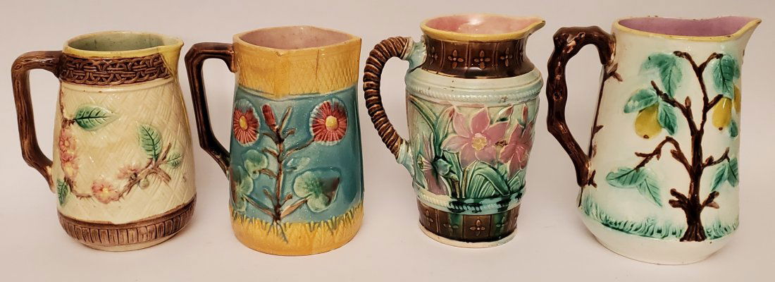 Lot of 4 Antique Majolica Pitchers 8" (1 of 8)