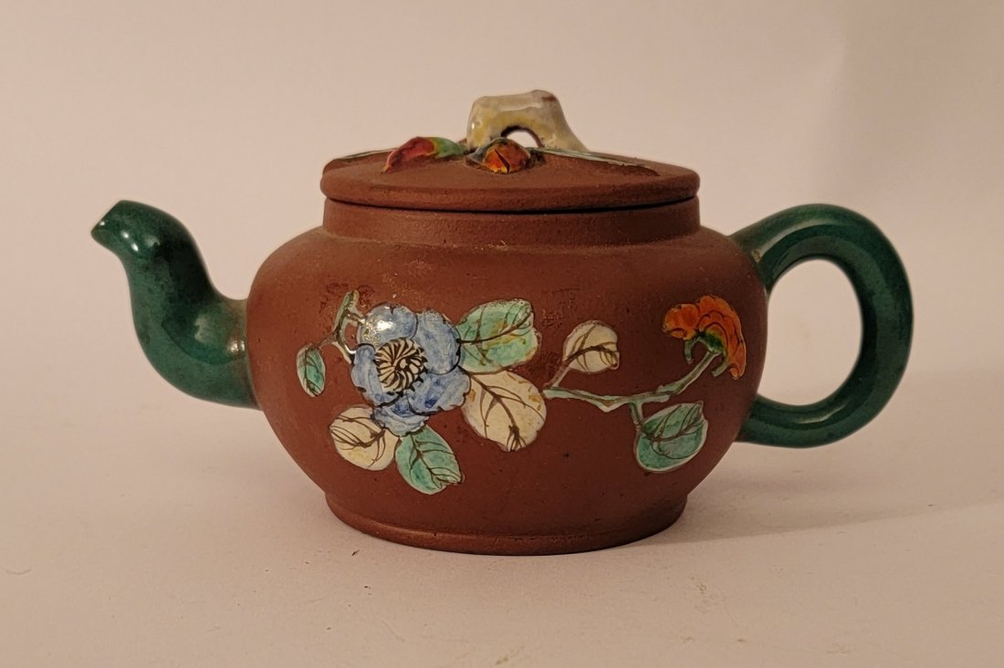 Yixing Teapot with enamel flowers small Signed (1 of 4)